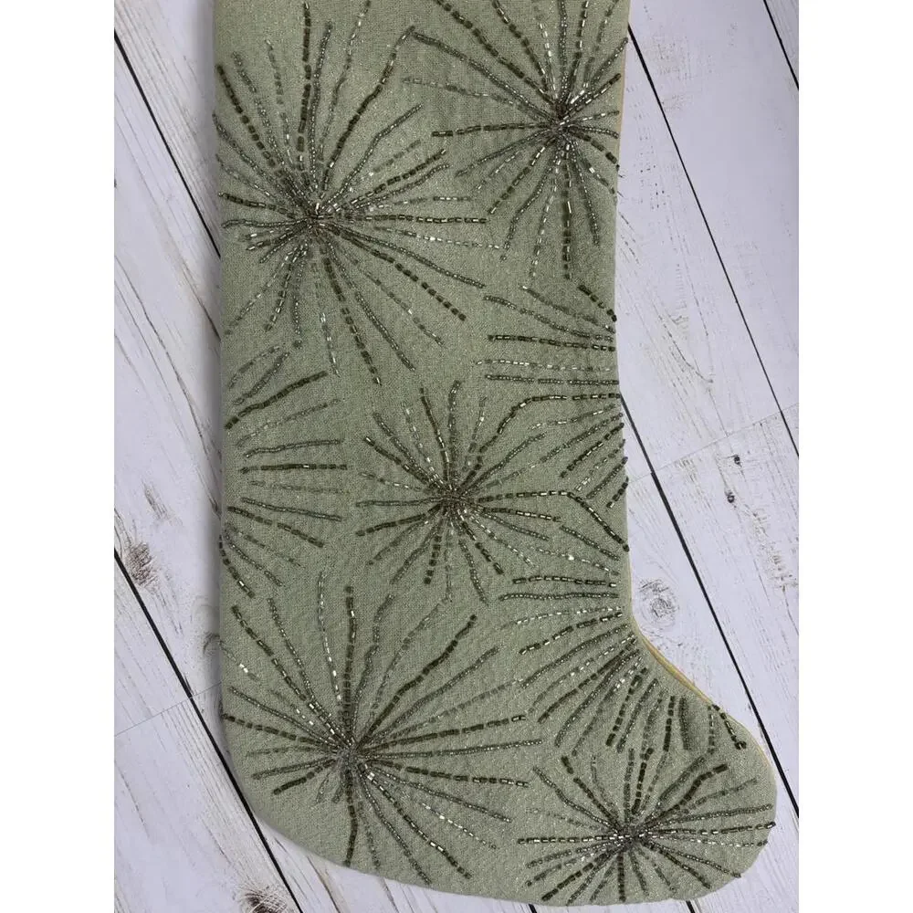 Tahari Home Sage Green Beaded Starburst Christmas Stocking Metallic‎ 22